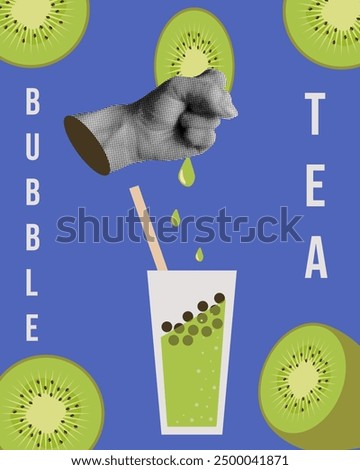 Trendy asian Bubble Tea with kivi juice. Modern Halftone collage poster template design. Vector illustration can used kitchen cafe interior art. EPS 10