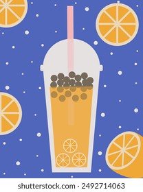 Trendy asian Bubble Tea with orange juice. Summer cold Drink with tapioca balls. Bubble Tea poster in simple minimal flat style for bar takeaway menu design. Vector illustration. EPS 10