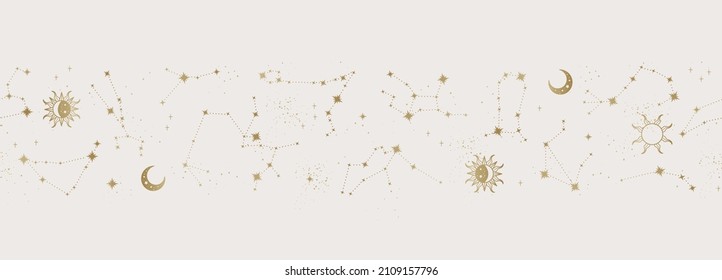 Trendy astrology seamless pattern, zodiac background hand drawn, stars, moon, space, great for textiles, wallpapers, surfaces - vector design