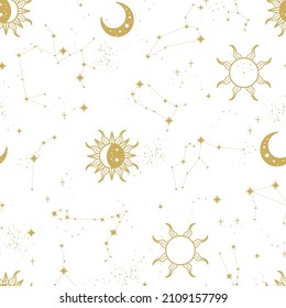 Trendy astrology seamless pattern, zodiac background hand drawn, stars, moon, space, great for textiles, wallpapers, surfaces - vector design