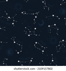 Trendy astrology seamless pattern, zodiac background hand drawn, stars, moon, space, great for textiles, wallpapers, surfaces - vector design