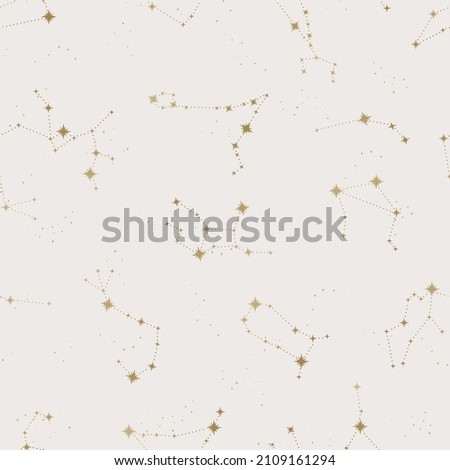 Trendy astrology seamless pattern, zodiac background hand drawn, stars, moon, space, great for textiles, wallpapers, surfaces - vector design