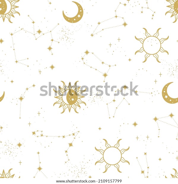 Trendy astrology seamless pattern, zodiac\
background hand drawn, stars, moon, space, great for textiles,\
wallpapers, surfaces - vector\
design