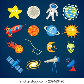 Trendy astronomy icons. Vector illustration. Funny cartoon character. Set