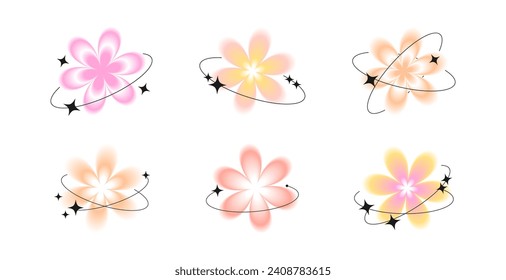 Trendy aura gradient flowers in y2k style. Blurry shapes in pastel colors  illustration. Vector