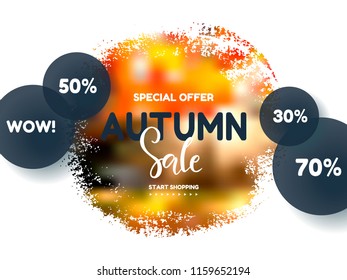 Trendy autumn background with brush stroke. Sale banner template Fall seasonal poster or card. Vector illustration