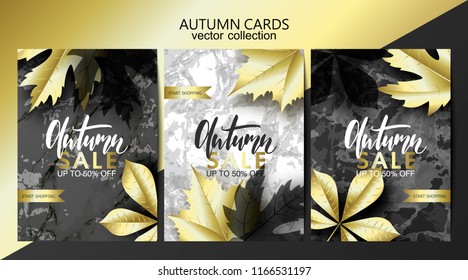 Trendy autumn background with golden leaves and marble texture. Sale banner template Fall seasonal poster or card. Card set .Vector illustration