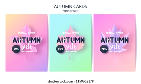 Trendy autumn background with leaves. Gradient leaf coloring. Sale banner template Fall seasonal poster or card. Card set .Vector illustration
