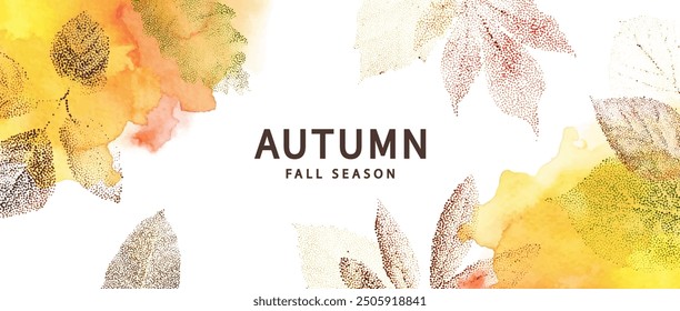 Anuncio de otoño de moda con hojas de otoño. Cartel de otoño moderno con hojas transparentes granuladas y acuarela. Fondo de otoño, Anuncio de Web o diseño de volante. Plantilla para publicidad, impresión, embalaje