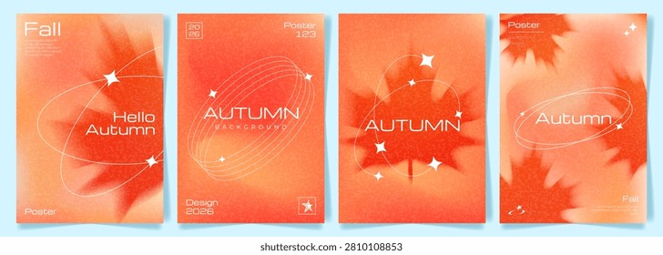 Trendy Autumn Cards Gradient Background Blur Maple Leaves Texture Y2K Elements. Fall Abstract Vector Modern Posters with Colourful Gradation Blurred Autumn Leaf Grainy Backgrounds for Autumn events