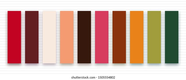 Trendy autumn fall 2019 colors for fashion industry. Vector color palette on striped background. Inspirational swatches for seasonal backgrounds, projects.