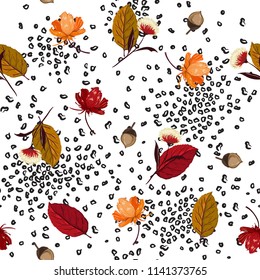 Trendy Autumn leaves,pine nuts and flower elements mix with animal skin leopard in hand drawn style seamless pattern vector for fabric and all prints on white background.