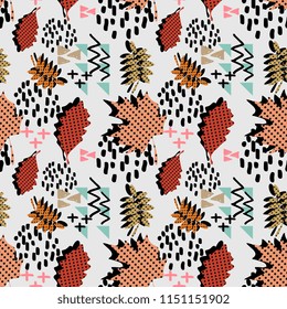 Trendy autumn memphis pattern with leaves and geometric shape