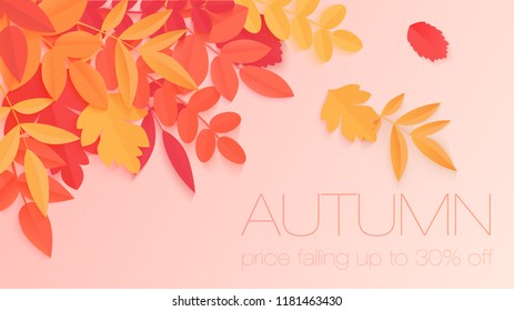 Trendy autumn sale banner with paper style bright color autumn leaves for poster design, flyer and label.