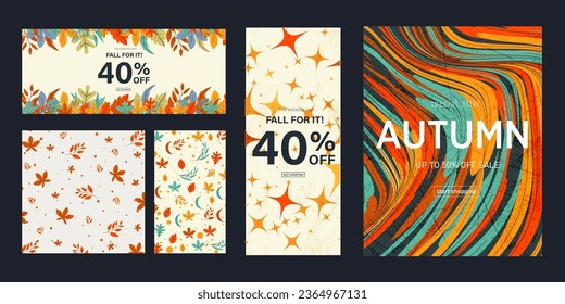 Trendy Autumn Sale. Set Modern Pattern with Leaves, Optical Stripes. Season Discount Offer 40%. Abstract  3d Art for Advertising, Web, Poster, Banner, Cover. Vector illustration.