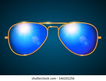 Trendy aviator shape golden glasses, blue lens isolated - vector illustration.