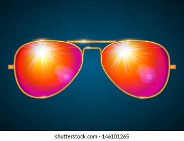 Trendy aviator shape golden glasses, red lens isolated - vector illustration.