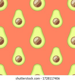 Trendy avocado seamless pattern on coral background in summer style. Cute, minimalist, simple. Can be used as a wallpaper, wrapping paper, textile print etc. Vector illustration.