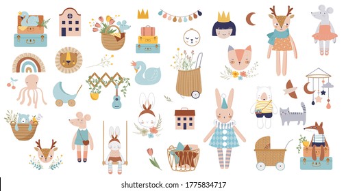 Trendy baby and children icons, stickers, tattoos. Vintage style. Vector illustrations