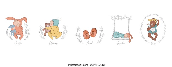 Trendy baby and children illustrations, hand drawn baby shower invites, birth announcement. Vintage style. Vector illustrations