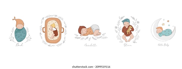 Trendy baby and children illustrations, hand drawn baby shower invites, birth announcement. Vintage style. Vector illustrations