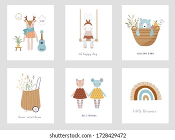 Trendy baby and children illustrations, baby shower cards, invites. Vintage style. Vector illustrations