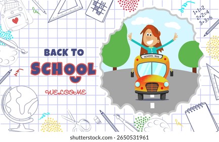 Trendy BACK TO SCHOOL Banner with smiling kid in school bus. Surrounded by school supplies like globe, scissors, pencils and text on squared math notebook background. Cartoon vector illustration.