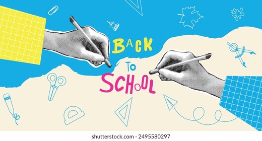 Trendy Back to school sale collage elements set. Halftone hands holding a pen. Poster, banner template. Education, back to school concept.