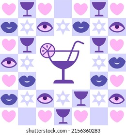 Trendy background with bar theme. Vector icon of cocktail and other elements on a pale purple pattern. Good background for your design
