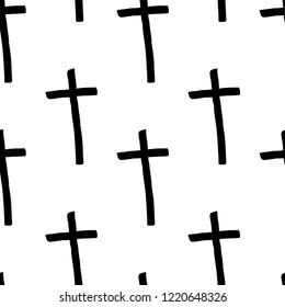 Trendy background with crosses. Crosses are drawn in ink by hand. Seamless vector pattern.
