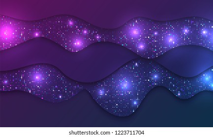 Trendy background with cut paper and colored sparkles. Modern design.Universal vector background for poster, banners, flyers, card.