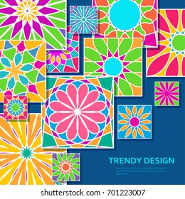 Trendy background with decorative colorful tiles. Bright ornamental elements. Vector illustration.