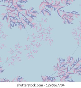 Trendy background with field and meadow herbs, plants and flowers on blue.Botanical motifs scattered random. Vector seamless pattern for fashion prints.