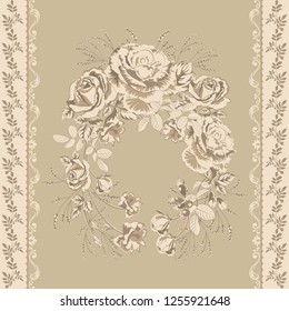 Trendy background with geometric elements and floral motifs pastel colors .Wreath of golden roses flowers and vertical border of twigs with leaves .Vector seamless pattern for fashion prints.