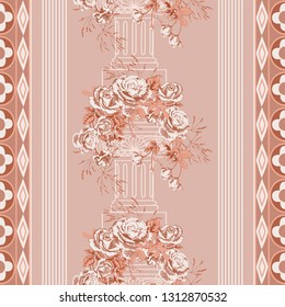 Trendy background with geometric elements and floral motifs pastel colors. Wreath of red roses flowers and vintage architectural column.Vector seamless pattern for fashion prints.