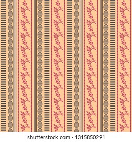 Trendy background with geometric elements and floral motifs pastel colors. Vertical border of twigs with leaves. Vector seamless pattern for fashion prints.