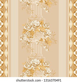 Trendy background with geometric elements and floral motifs pastel colors. Wreath of golden roses flowers and vintage architectural column.Vector seamless pattern for fashion prints.