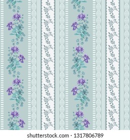 Trendy background with geometric ornament and floral motifs pastel colors. Tropical flowers and leaves and vertical border of twigs with leaves. Vector seamless pattern for fashion prints.