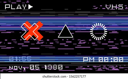 Trendy background with glitched VHS effect and geometric shapes in memphis 80s-90s style. Modern retrofuturistic bright vector illustration for poster and cover.