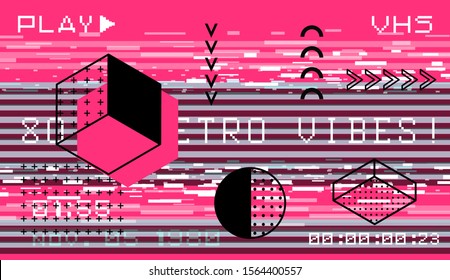 Trendy background with glitched VHS effect and geometric shapes in memphis 80s-90s style. Modern retrofuturistic bright vector illustration for poster and cover.