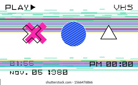 Trendy background with glitched VHS effect and geometric shapes in vaporwave 80s-90s style. Modern retrofuturistic bright vector illustration for poster and cover.