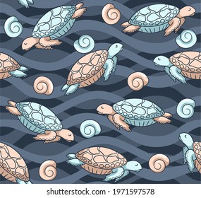 
Trendy background with hand drawn turtles swimming in the ocean. Seamless vector pattern with seashells and marine reptiles. Print for textiles and paper