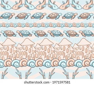 Trendy background with hand drawn turtles and fish swimming in the ocean. Seamless vector pattern with marine reptiles and sand castles. Print for textiles and paper