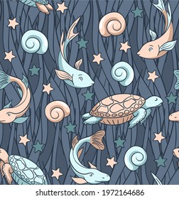 Trendy background with hand drawn turtles and fish swimming in the ocean. Seamless vector pattern with marine reptiles. Print for textiles and paper