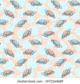 
Trendy background with hand drawn turtles swimming in the ocean. Seamless vector pattern with  marine reptiles. Print for textiles and paper