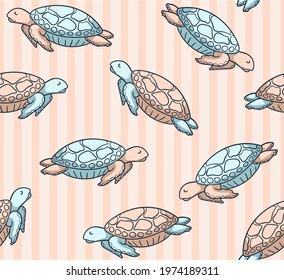
Trendy background with hand drawn turtles swimming in the ocean. Seamless vector pattern with  marine reptiles. Print for textiles and paper