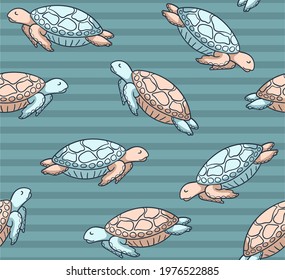 
Trendy background with hand drawn turtles swimming in the ocean. Seamless vector pattern with  marine reptiles. Print for textiles and paper