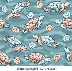 
Trendy background with hand drawn turtles swimming in the ocean. Seamless vector pattern with seashells and marine reptiles. Print for textiles and paper