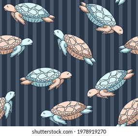 
Trendy background with hand drawn turtles swimming in the ocean. Seamless vector pattern with  marine reptiles. Print for textiles and paper