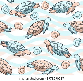 
Trendy background with hand drawn turtles swimming in the ocean. Seamless vector pattern with seashells and marine reptiles. Print for textiles and paper